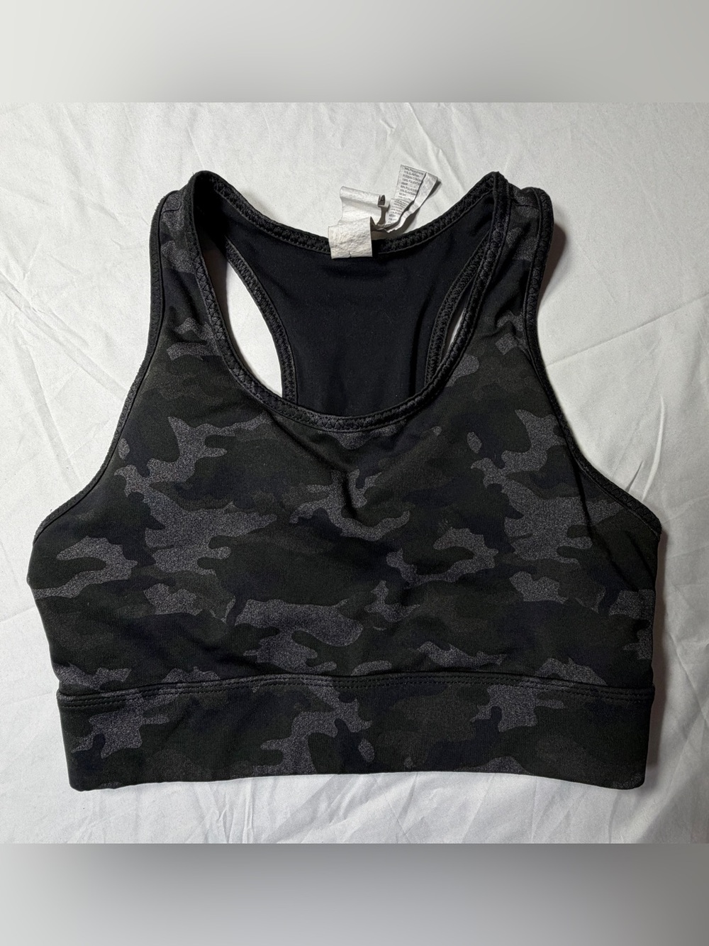 Fabletics Camo Sports Bra Medium Impact Racerback Black Gray Camouflage Small